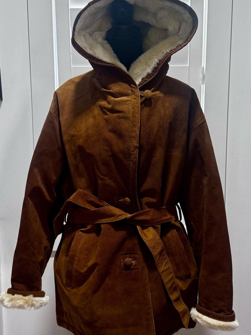 Vintage Mike’s Arcade Brown Suede Leather Faux Fur Hooded Belted Coat L